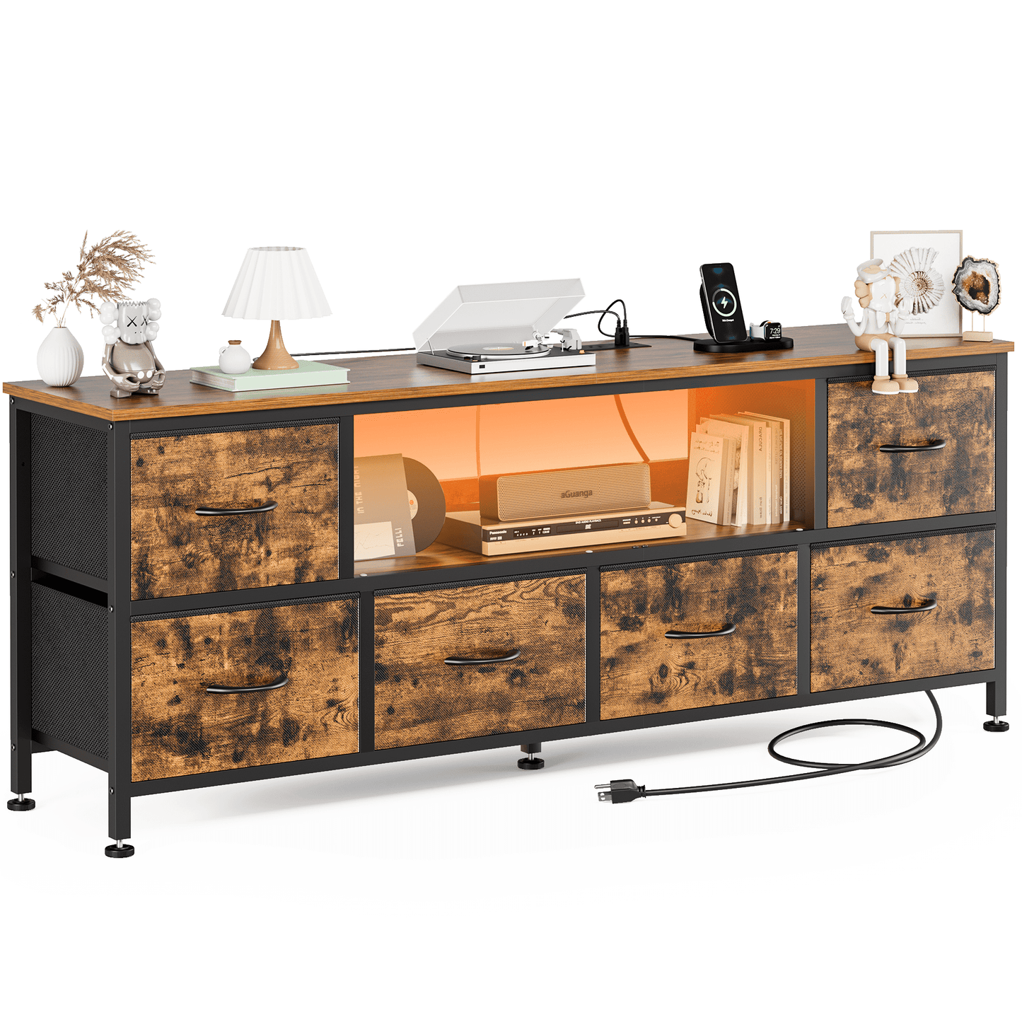 GIKPAL TV Stand Dresser for Bedroom, with 5 Drawers for Storage, with LED Lights and Power Outlet, Brown