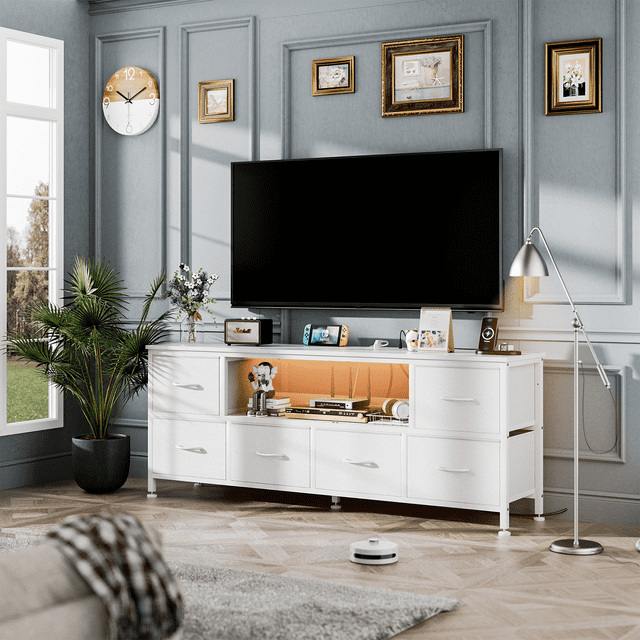 GIKPAL Fits 55" TV Stand Dresser for 50" 55" TV Dresser with 5 Drawers TV Stand for Bedroom with LED Lights & Power Outlets White Dresser for Bedroom Long Dresser with PU Finish Entertainment Center