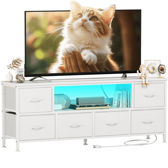 GIKPAL White Dresser with 6 Drawers, TV Stand Chest of Drawers, TV Stands for 55 Inch TV, Fabric Dresser with LED Lights and Outlets
