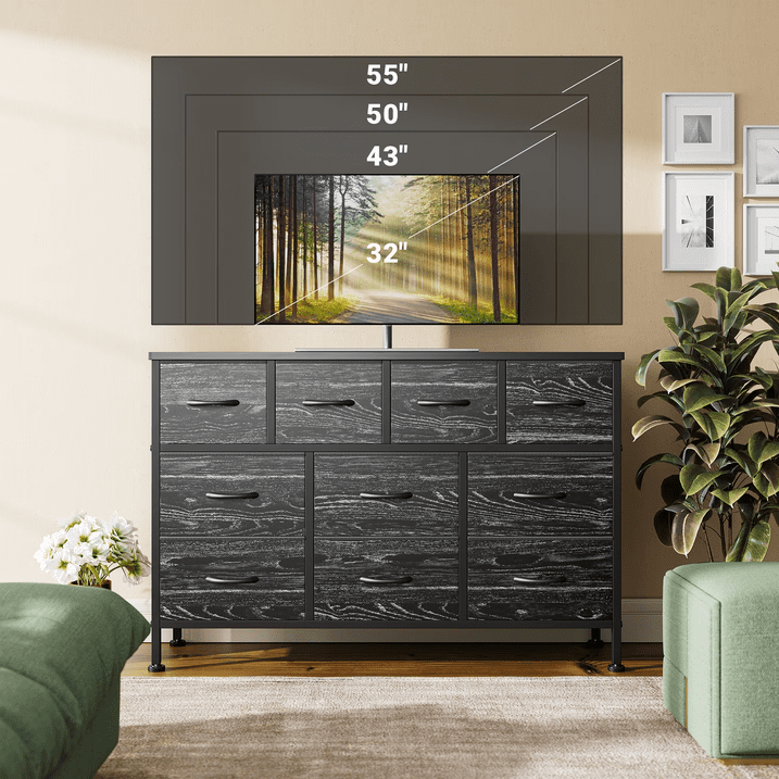 GIKPAL Dresser TV Stand, 10 Drawer Dressers for Bedroom with Power Outlet, Chest of Drawers for 55" Long TV, Fabric Dresser for Storage and Organization, Black Set of 3