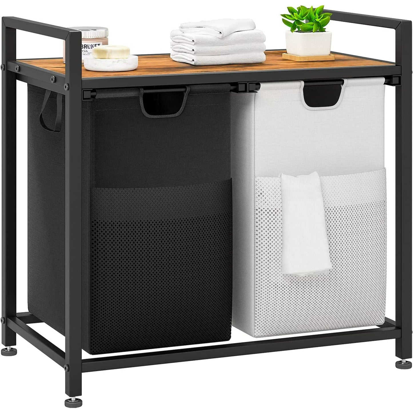 GIKPAL Laundry Hamper Sorter 2-Compartment Laundry Basket Tilt-Out Bathroom Storage Organizer with Large Top Shelf and 2 Removable Bags for Laundry Room