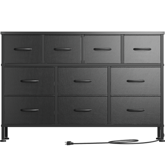 AOWOS Dresser TV Stand with 10 Drawers Dresser for Bedroom, Black Chests of Drawers TV Console with Leather Finish for Living Room Bedroom