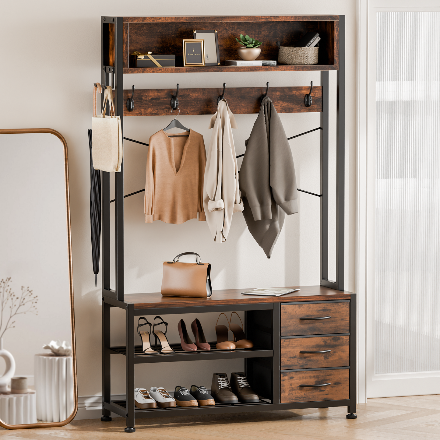 GIKPAL 5 in 1 Hall Tree, Entryway Bench with Coat Hooks Industrial Entryway Bench with 7 Hooks 3 Drawers and Top Storage Shelf, for Hallway or Living Room, Rustic Brown