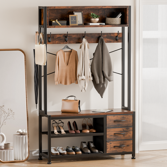 GIKPAL 5 in 1 Hall Tree, Entryway Bench with Coat Hooks Industrial Entryway Bench with 7 Hooks 3 Drawers and Top Storage Shelf, for Hallway or Living Room, Rustic Brown