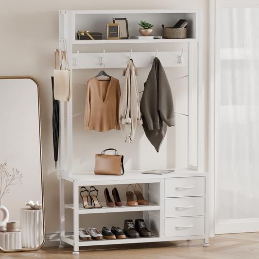 GIKPAL 5 in 1 Hall Tree, Entryway Bench with Coat Hooks Industrial Entryway Bench with 7 Hooks 3 Drawers and Top Storage Shelf, for Hallway or Living Room, White