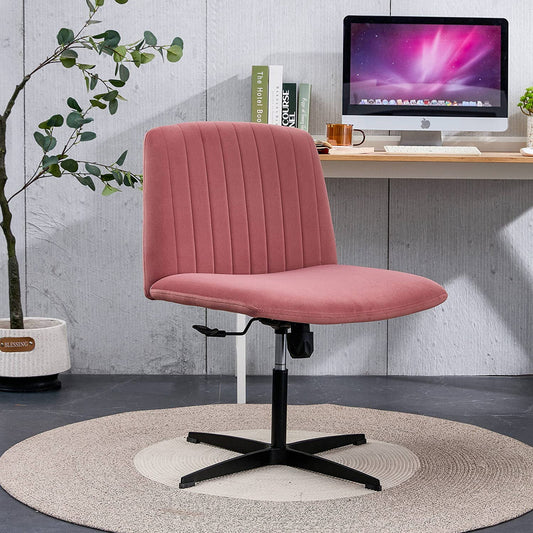 YaFiti Armless Office Desk Chair No Wheels Modern Swivel Vanity Chair, Height Adjustable Wide Padded Seat Velvet Material Computer Task Chair for Home Office Pink