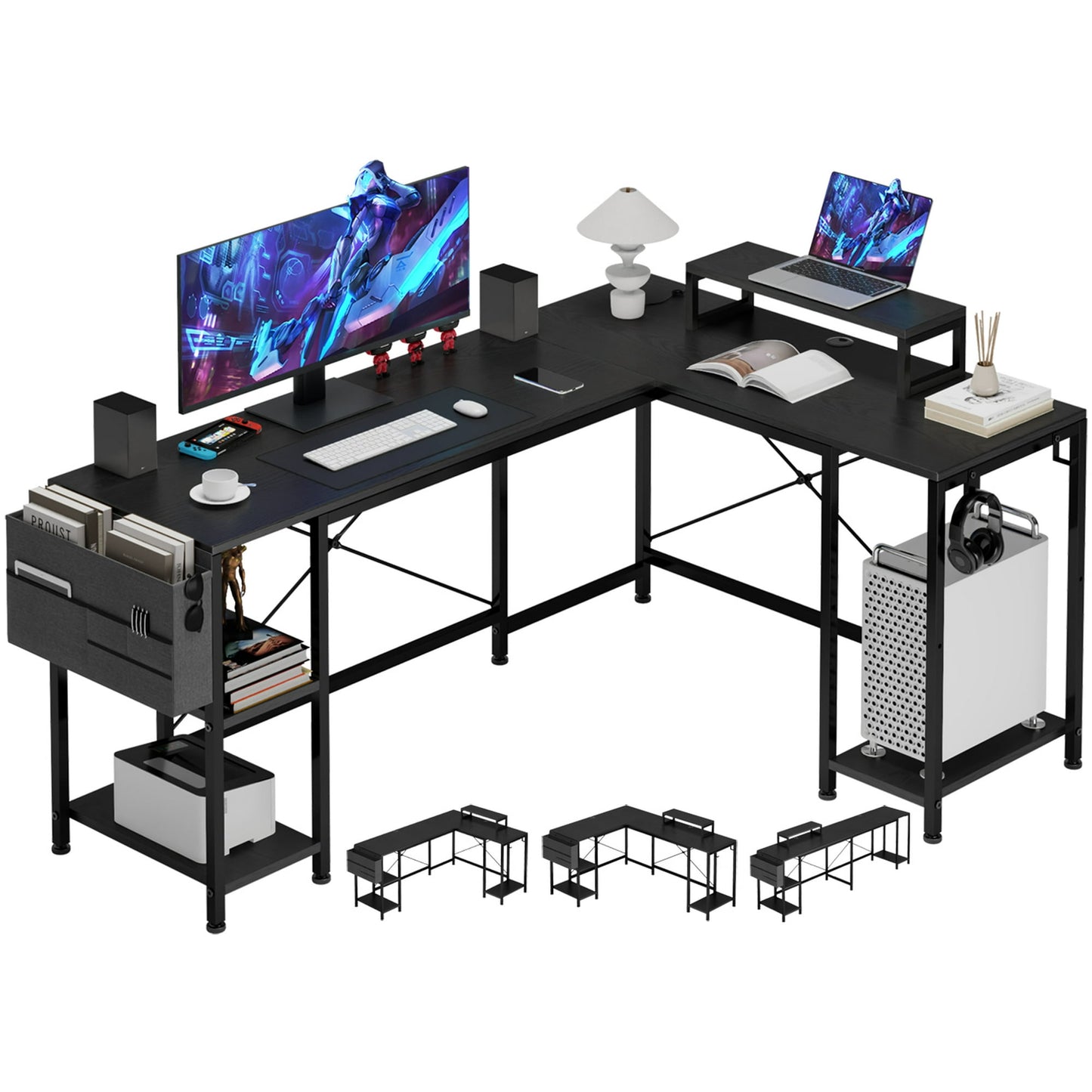 Lulive L Shaped Desk with LED Light and Power Outlet, 95" Reversible Corner Computer Desk with Monitor Stand and Storage Shelf, Modern L- Shaped Gaming Desk