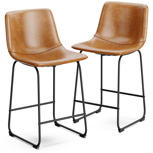 YaFiti Barstools 26'' PU Leather Upholstered Bar Stool Set of 2 Counter Bar Height Stools with Backs Modern Armless Chairs with Footrest and Metal Legs for Kitchen Living Room Pub, Brown