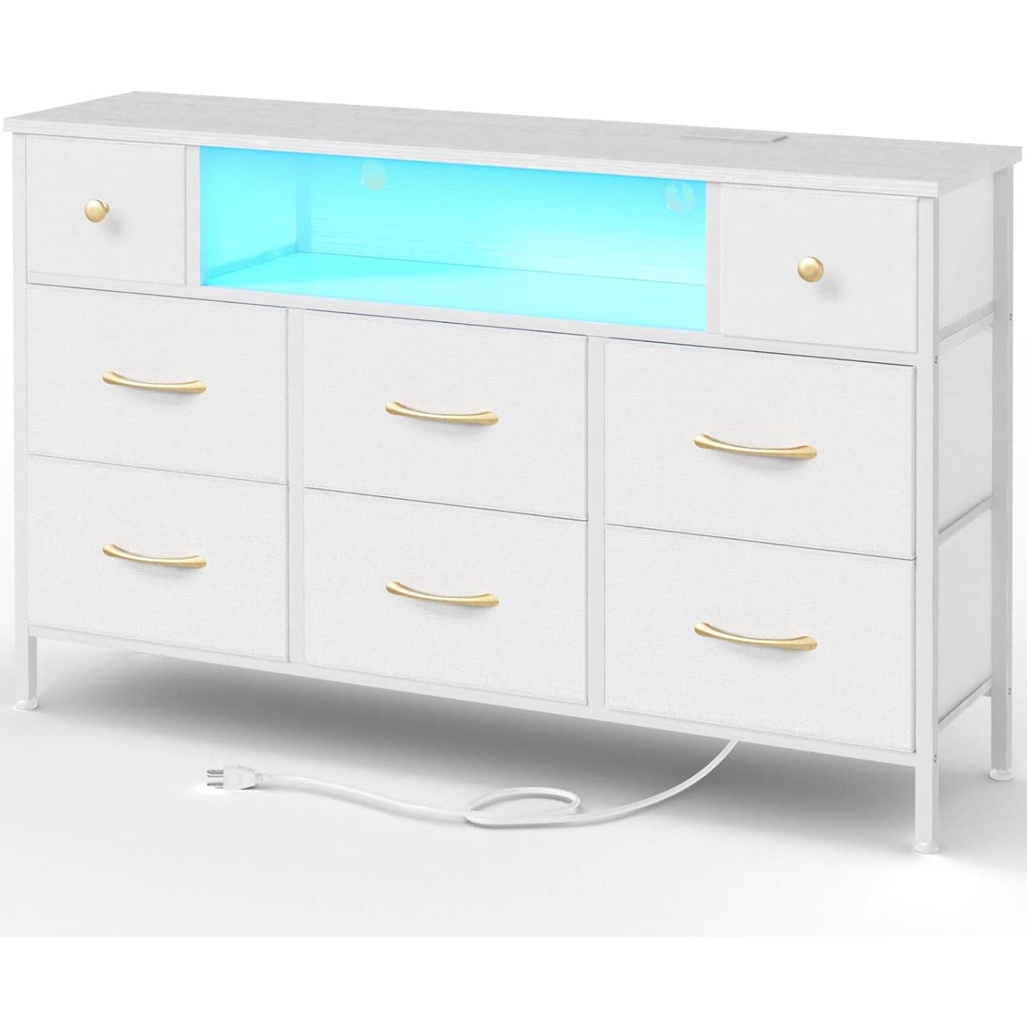 GIKPAL Dresser with LED Lights and Power Outlet, White Dresser for Bedroom, Dresser TV Stand with 11 Drawers, Fabric Chest of Drawers, Wide Dresser Storage Organizer