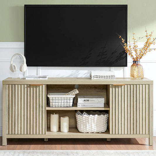 GIKPAL Fluted TV Stands for Living Room, LED Light Entertainment Center with Storage, Mid Century Modern Television Stands for 50-65 inch TV, Natural