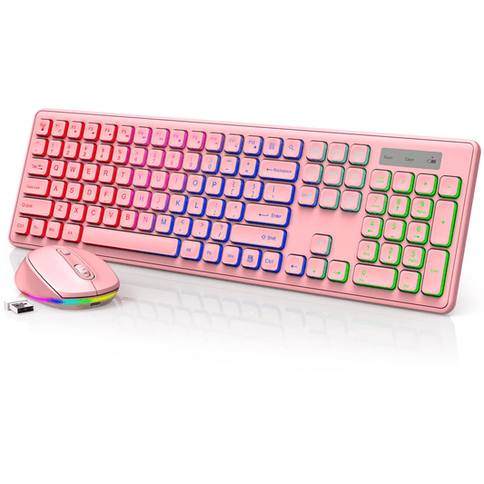 Renfox Wireless Keyboard and Mouse with RGB Backlit, Foldable Legs - Silent and Rechargeable - Full Size Light Up Wireless Keyboard Mouse Combo for Laptop, PC, Chromebook - by Renfox, Pink