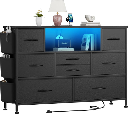 GIKPAL Black Dresser, Dressers for bedroom TV Stand with 8 Drawers and LED Lights, Wide Chest of Drawers with Power Outlet & Side Pockets Bedroom Furniture