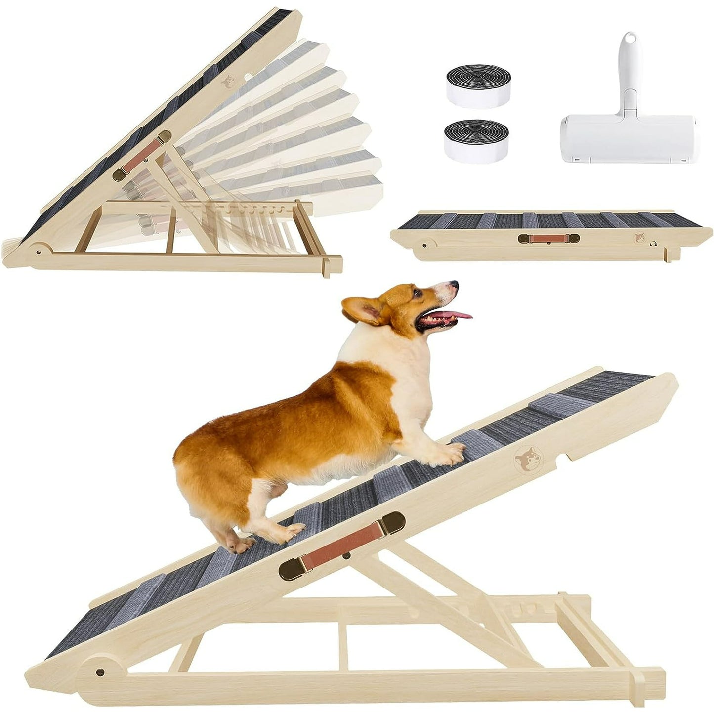 Lulive Wooden Dog Ramp, Folding Portable Pet Ramp for Bed, Couch, Car, Adjustable Pet Ramp for Small and Large Dogs & Cats, Height from 10.8" to 26.6"(Supports Up to 200LBS)