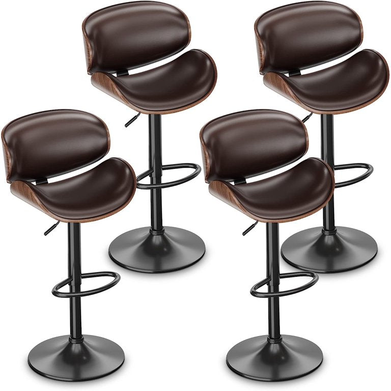 Aowos Bar Stool Adjustable Swivel Bar Stools Set of 4, Mid-Century Modern PU Leather Upholstered Counter Barstools, Kitchen Island Chair with Back Set of 4, Brown