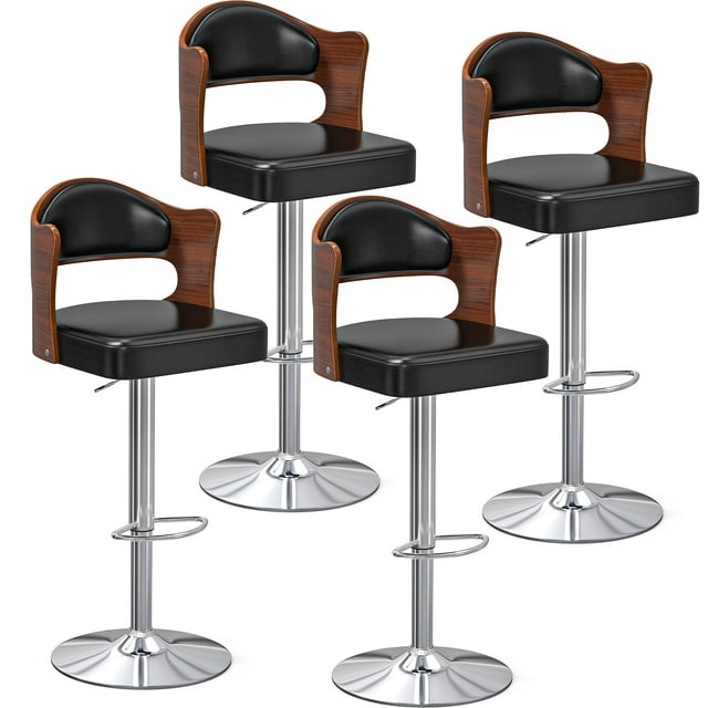 YaFiti Set of 4 Bar Stools Adjustable PU Leather Swivel Kitchen Counter Bar Chair Black