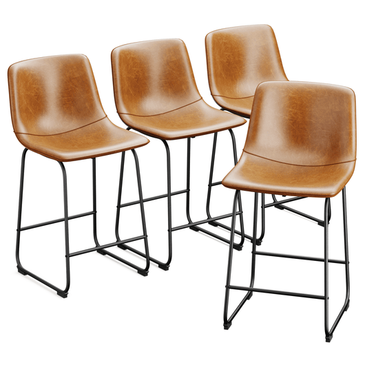 YaFiti Barstools 26'' PU Leather Upholstered Bar Stool Set of 4 Counter Bar Height Stools with Backs Modern Armless Chairs with Footrest and Metal Legs for Kitchen Living Room Pub, Brown