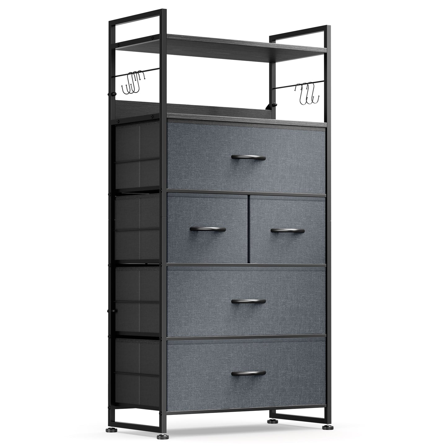 Lulive Gray Dresser for Bedroom, Wood & Fabric Storage Chest of 5 Drawers with Handles 2 Shelves for Living Room