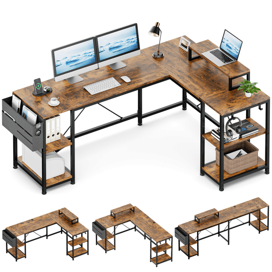 Lulive L Shaped Desk, 95" Reversible Computer Desk L-Shaped Office Desk with 4 Shelves Monitor Stand Storage Bag Hooks for Home Office, Brown