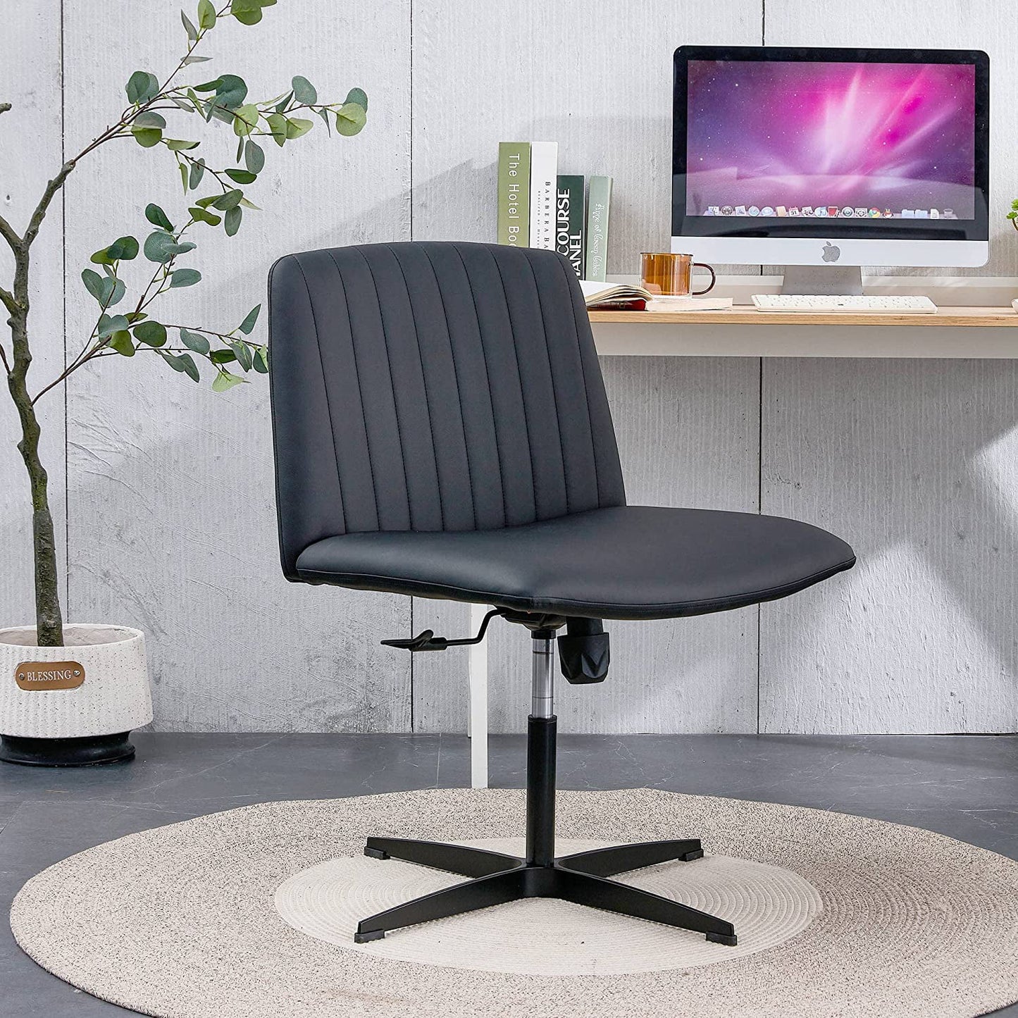 YaFiti Armless Office Desk Chair No Wheels Modern Swivel Vanity Chair, Height Adjustable Wide Padded Seat PU Leather Material Computer Task Chair for Home Office Black