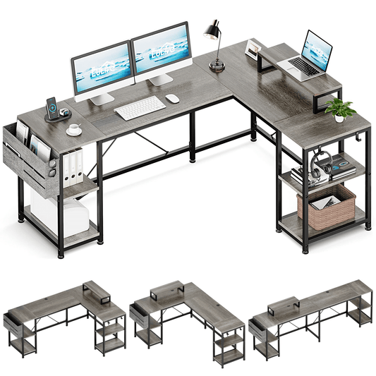 Lulive L Shaped Desk, 95" Reversible Computer Desk L-Shaped Office Desk with 4 Shelves Monitor Stand Storage Bag Hooks for Home Office, Grey