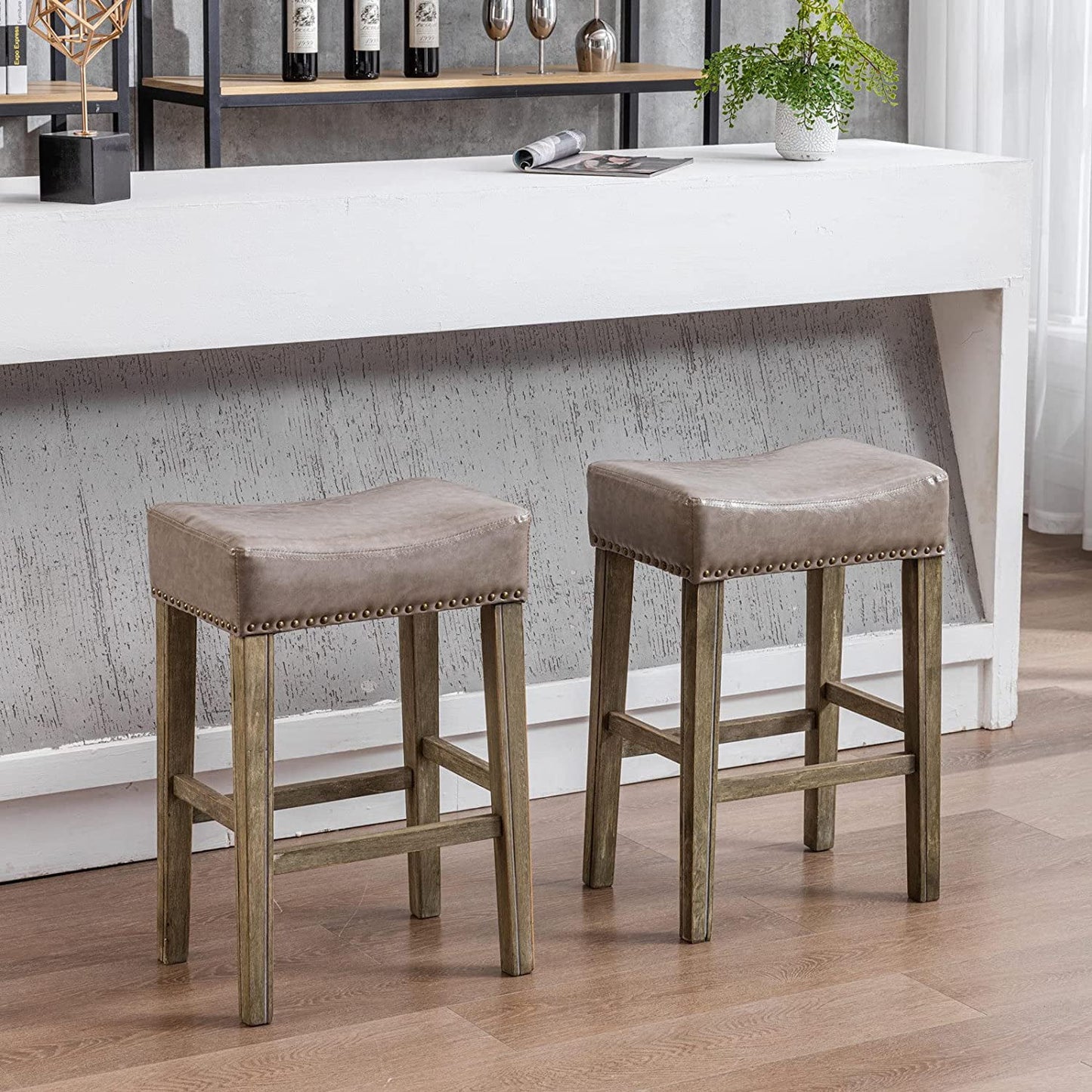 YaFiti 26" PU Leather Bar Stools Set of 2 with Solid Wood Legs Mid-Century Backless Kitchen Chairs Saddle Seat with Metal Nailheads Counter Height Chairs Island Chairs Grey