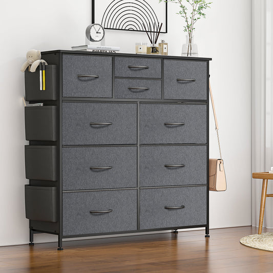 Lulive 10 Drawer Dresser, Chest of Drawers for Bedroom with Side Pockets and Hooks, Fabric Storage Dresser, Sturdy Steel Frame, Wood Top, Organizer Unit for Nursery, Closet (Dark Grey)