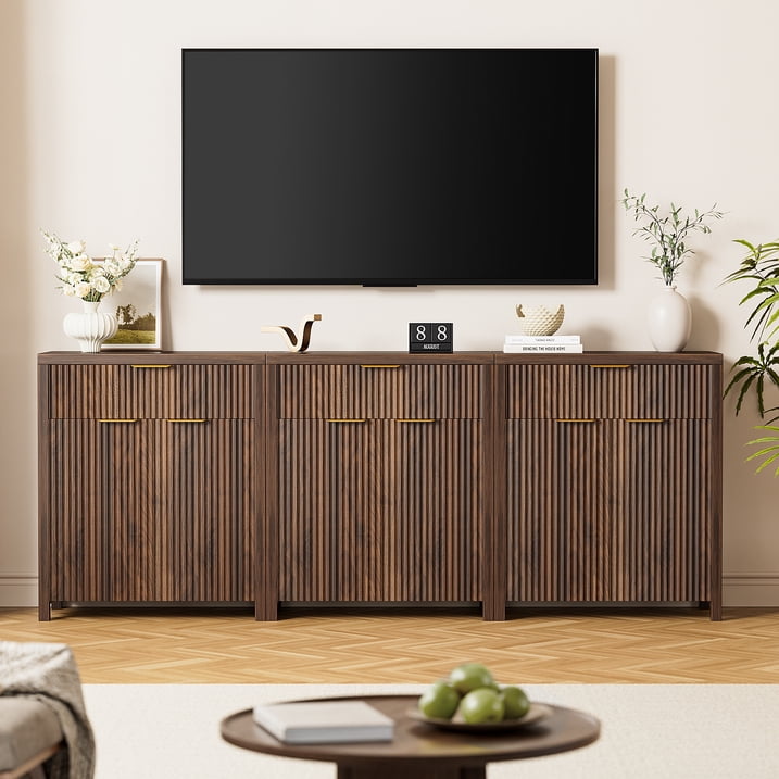 GIKPAL Sideboard Buffet Cabinet, Fluted Kitchen Storage Organizer with Adjustable Shelf and Doors, Modern Accent Cabinet with Storage Drawer for Dining Living Room, Walnut