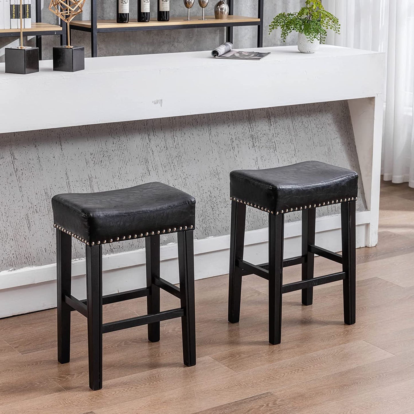 YaFiti 26" PU Leather Bar Stools Set of 2 with Solid Wood Legs Mid-Century Backless Kitchen Chairs Saddle Seat with Metal Nailheads Counter Height Chairs Island Chairs Black