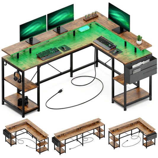 Lulive L Shaped Desk Computer Desk with LED Light Home Office Corner Gaming Desk with Monitor Stand, Storage Shelf and Storage Bag Long Table，Brown