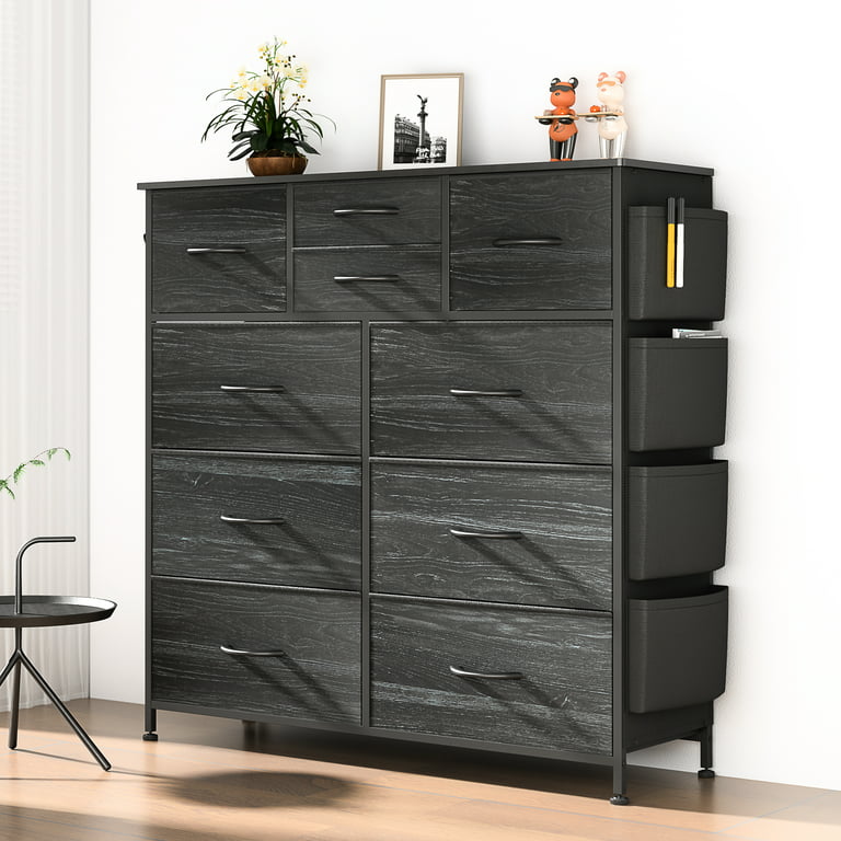 Lulive 10 Drawer Dresser, Chest of Drawers for Bedroom with Side Pockets and Hooks, Black