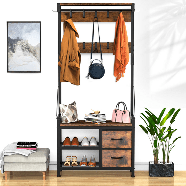 Tiikiy Coat Rack with Shoe Bench Hall Tree with Hooks and Storage, 4 In 1 Intelligent Design Entryway Bench with Coat Rack, Can Divided into freestanding Shoe Bench and Wall Rack (Rustic Brown)