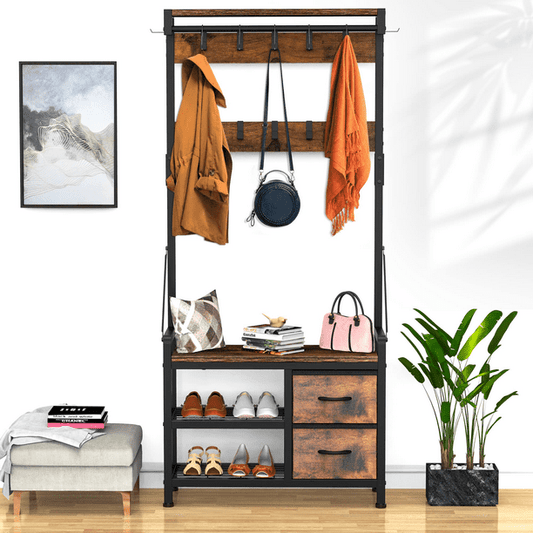 Tiikiy Coat Rack with Shoe Bench Hall Tree with Hooks and Storage, 4 In 1 Intelligent Design Entryway Bench with Coat Rack, Can Divided into freestanding Shoe Bench and Wall Rack (Rustic Brown)