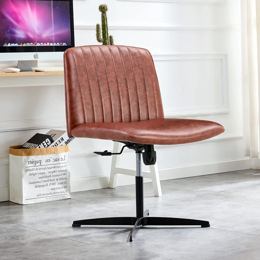 YaFiti Armless Office Desk Chair No Wheels Modern Swivel Vanity Chair, Height Adjustable Wide Padded Seat PU Leather Material Computer Task Chair for Home Office Brown