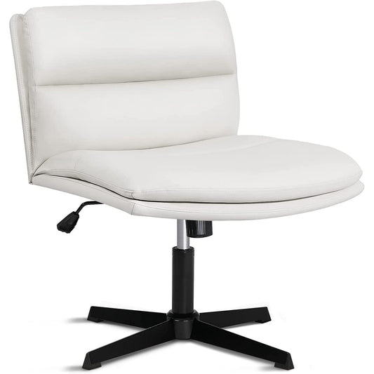 YaFiti Armless Office Desk Chair No Wheels,PU Leather Padded Modern Swivel Vanity Chair,Height Adjustable Wide Seat Cross Legged Computer Task Chair, White