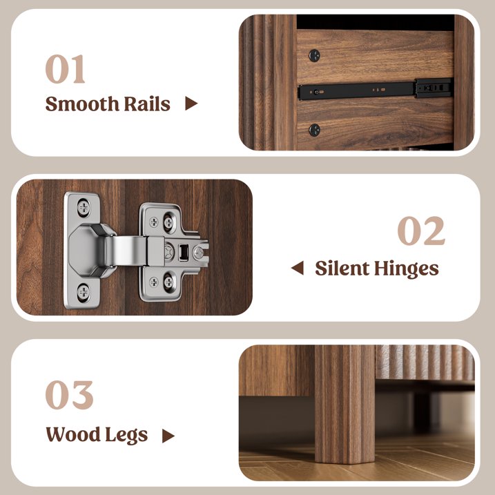 GIKPAL Storage Cabinet with Fluted Doors, Sideboard Buffet Cabinet with Storage Drawers, Modern Kitchen Accent Organizer with Adjustable Shelves, Walnut Set of 2