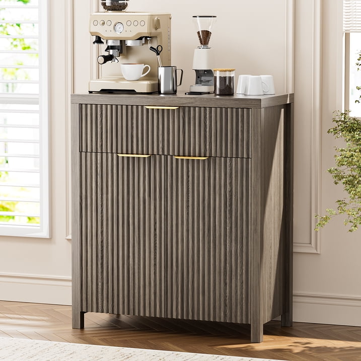 GIKPAL Buffet Sideboard Cabinet with Drawers Set of 3, Modern Fluted Storage Cabinet with Adjustable Shelves, Accent Entryway Cabinet TV Stand for Dining Room, Kitchen, Living Room, Gray Oak