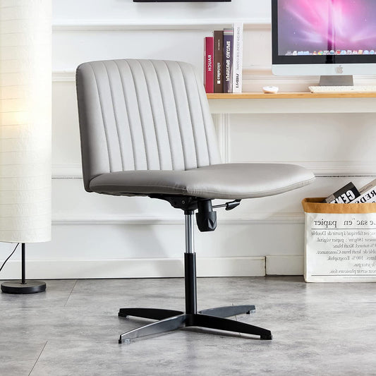 YaFiti Armless Office Desk Chair No Wheels Modern Swivel Vanity Chair, Height Adjustable Wide Padded Seat PU Leather Material Computer Task Chair for Home Office Grey