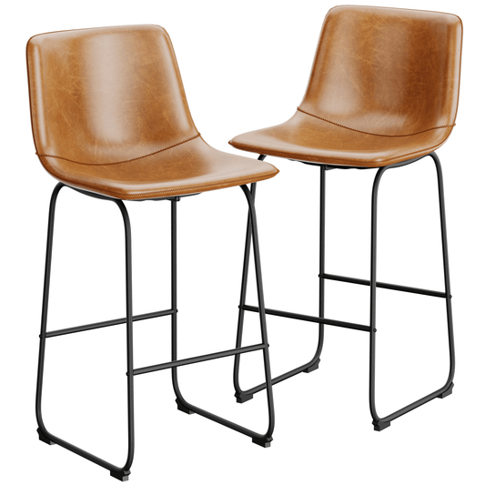 YaFiti 30'' PU Leather Upholstered Bar Stool Set of 2 Counter Bar Height Stools with Backs Modern Armless Stool with Footrest and Metal Legs Modern Bar Chairs for Kitchen Living Room Pub, Brown