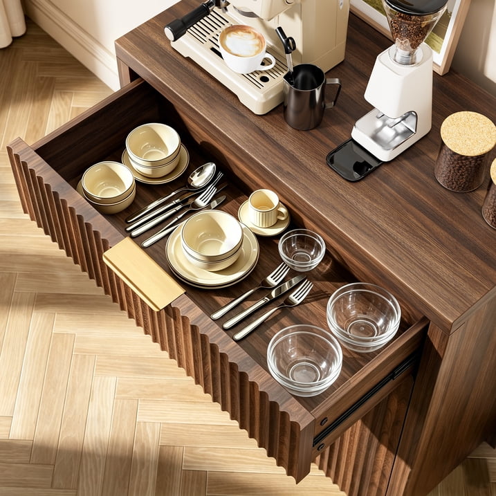 GIKPAL Buffet Sideboard Cabinet with Drawers Set of 3, Modern Fluted Storage Cabinet with Adjustable Shelves, Accent Entryway Cabinet TV Stand for Dining Room, Kitchen, Living Room, Walnut