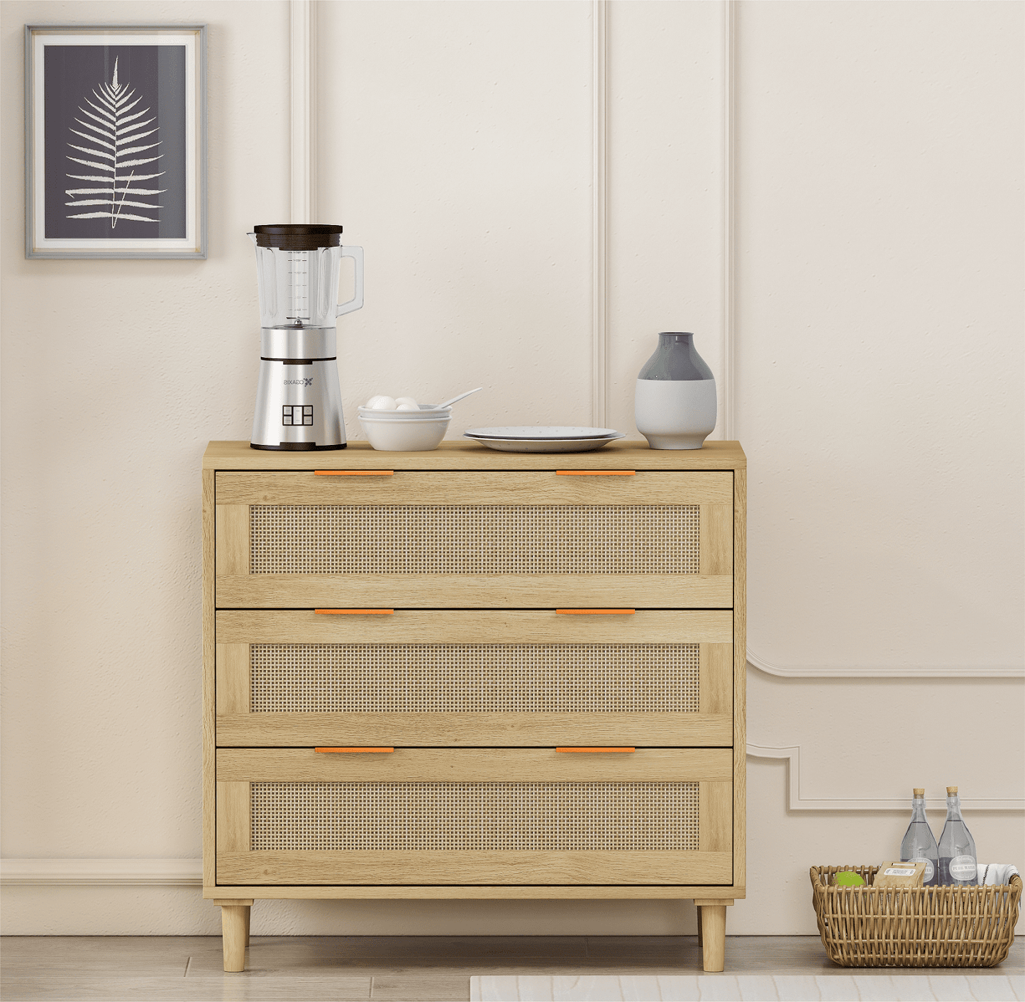 Lulive 3-Drawers Rattan Dresser, 31.50" Storage Cabinet Rattan Drawer Dresser for Bedroom, Oak