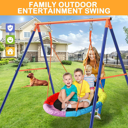 GIKPAL Saucer Swing with Stand, 440lbs Swing Set for 2-3 Kids Outdoor with Heavy-Duty Metal Frame & Adjustable Ropes Round Swing, Rainbow