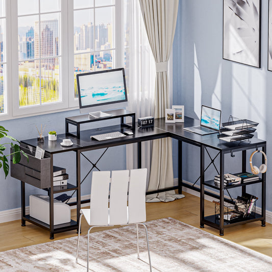 Lulive L Shaped Computer Desk, 95" Reversible Corner Computer Desk with Monitor Stand and Storage Bag, Black