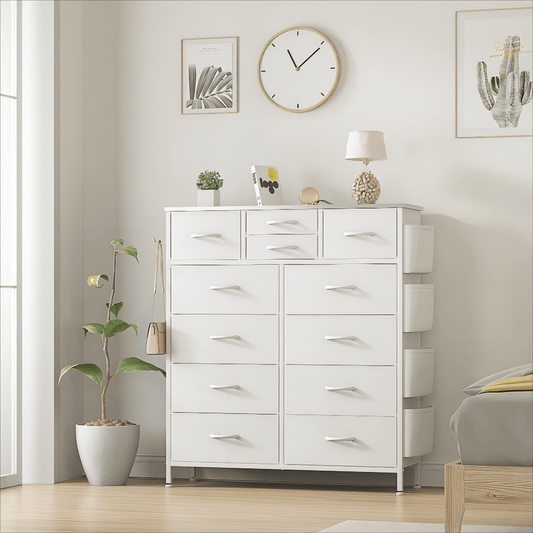 Lulive 12 Drawer Dresser, Chest of Drawers for Bedroom with Side Pockets and Hooks, White