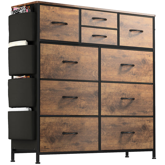 Wostoo 10-Drawer Dresser, Chest of Drawers for Bedroom with Side Pockets and Hooks Fabric Storage Dresser Sturdy Steel Frame Wood Top Organizer Unit Brown