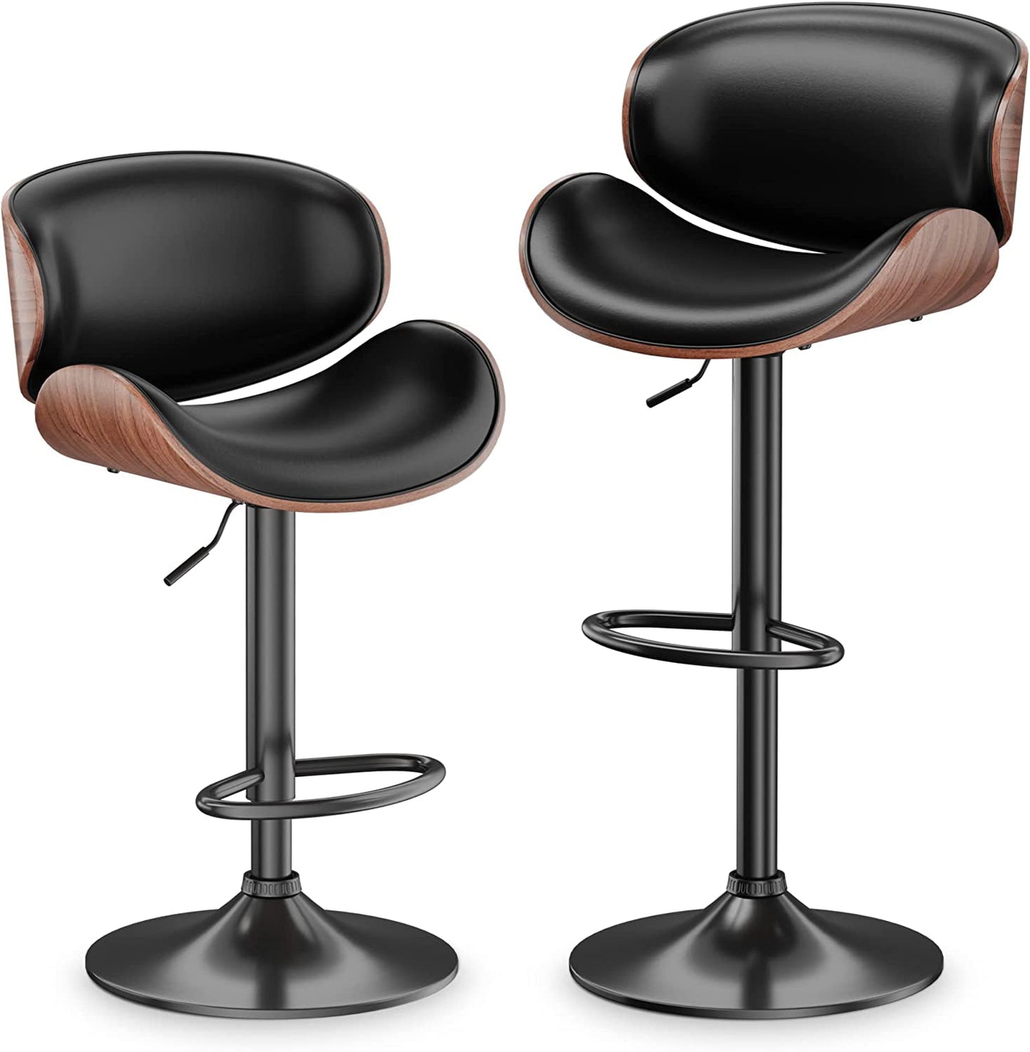 Aowos Bar Stool Adjustable Swivel Bar Stools Set of 2, Mid-Century Modern PU Leather Upholstered Counter Barstools, Kitchen Island Chair with Back Set of 2, Black