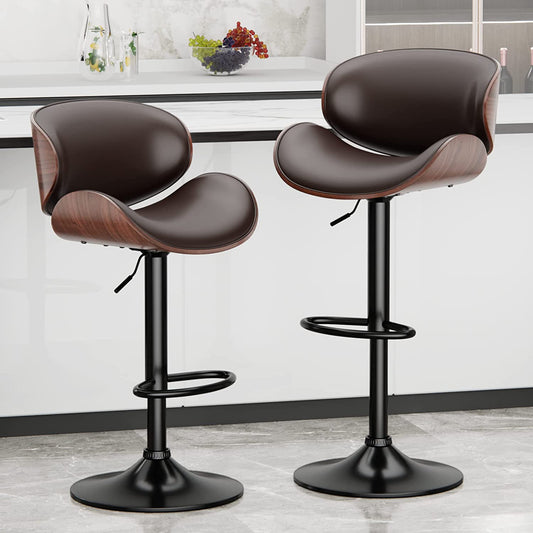 YaFiti Bar Stools Modern Adjustable Swivel Barstools, Armless Kitchen Counter PU Leather Upholstered Bar Stool Island Barstool with Back Set of 2(Brown)