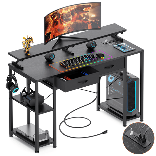 Lulive 47 inch Gaming Computer Desk with Drawers and Storage Shelves Home Office Desk with Power Outlets, Studying Writing Table for Small Spaces