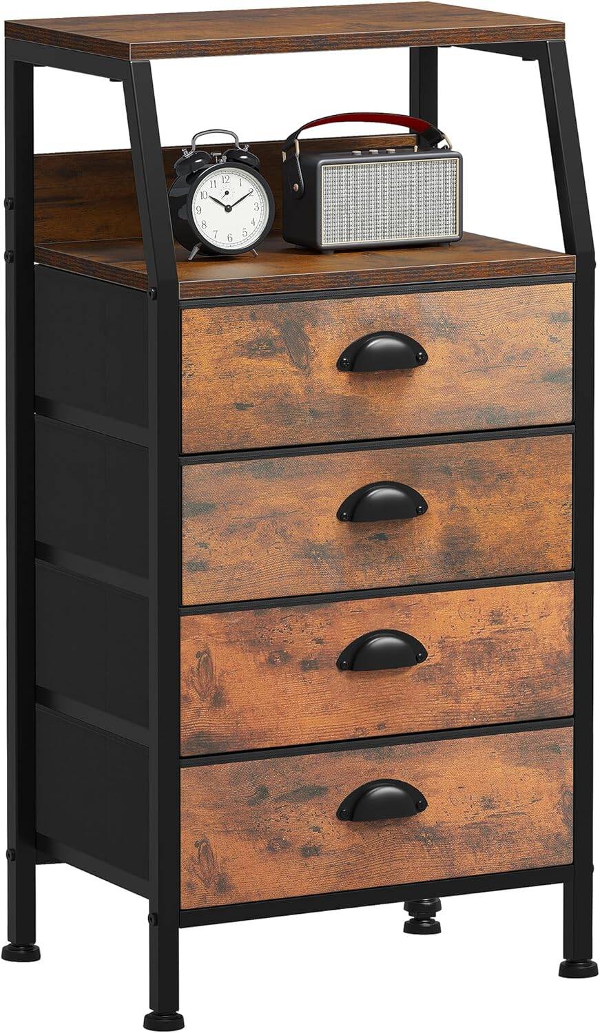 GIKPAL Nightstand Dresser with 4 Drawers, Shelf with Drawers for Bedroom, Hallway, Entryway, Closets, with Sturdy Steel Frame, Wood Top, Easy Pull Handles, Rustic Brown Wood Grain Print