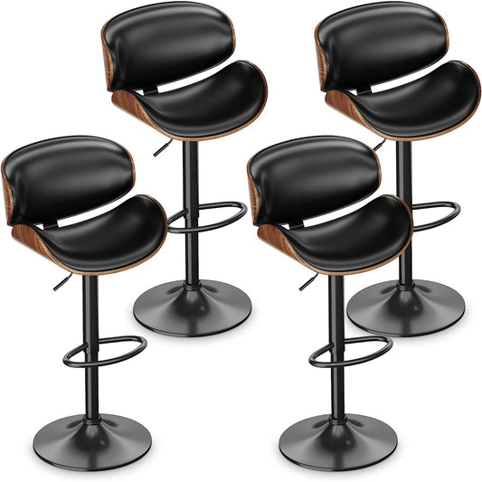 Aowos Bar Stool Adjustable Swivel Bar Stools Set of 4, Mid-Century Modern PU Leather Upholstered Counter Barstools, Kitchen Island Chair with Back Set of 4, Black