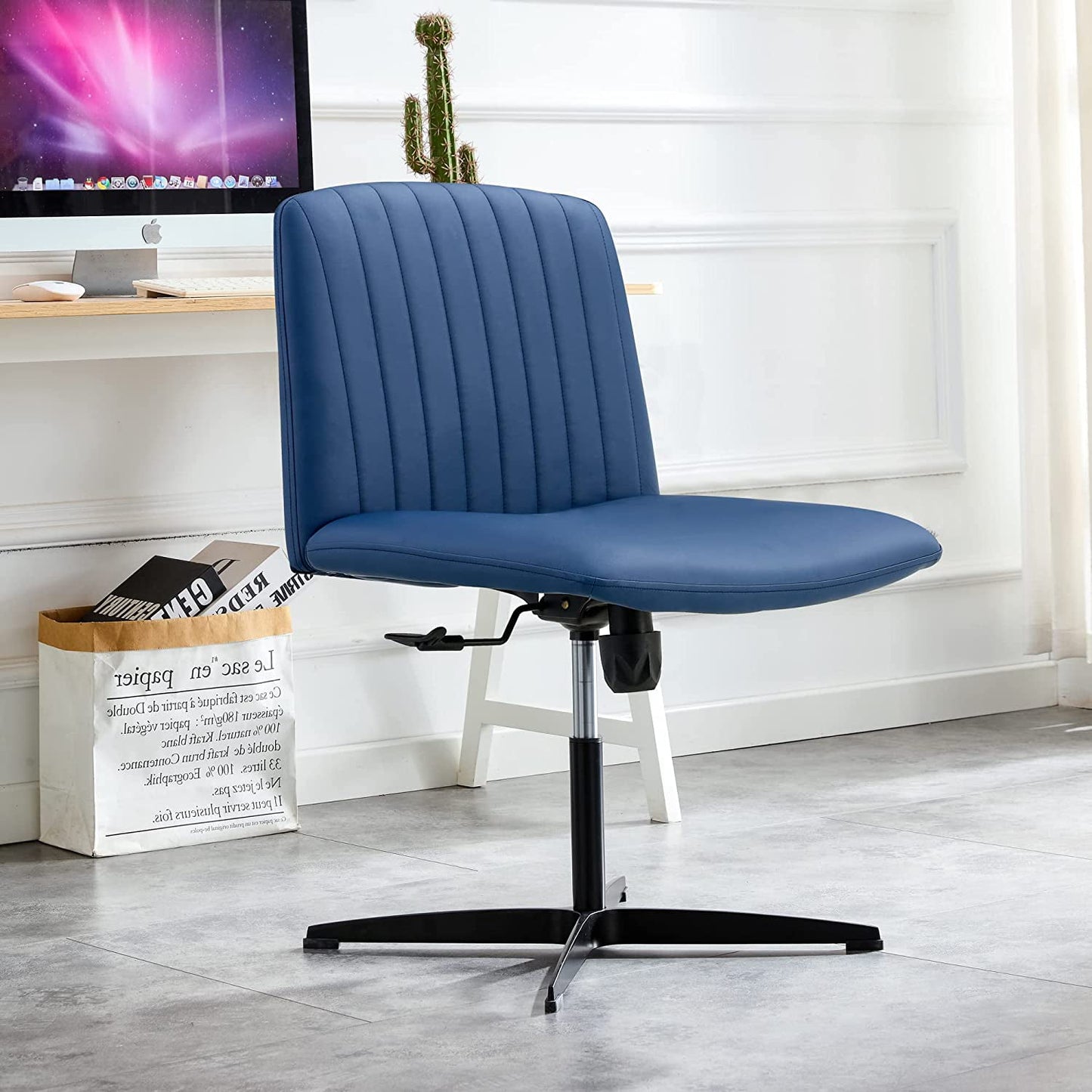 YaFiti Armless Office Desk Chair No Wheels Modern Swivel Vanity Chair, Height Adjustable Wide Padded Seat PU Leather Material Computer Task Chair for Home Office Blue